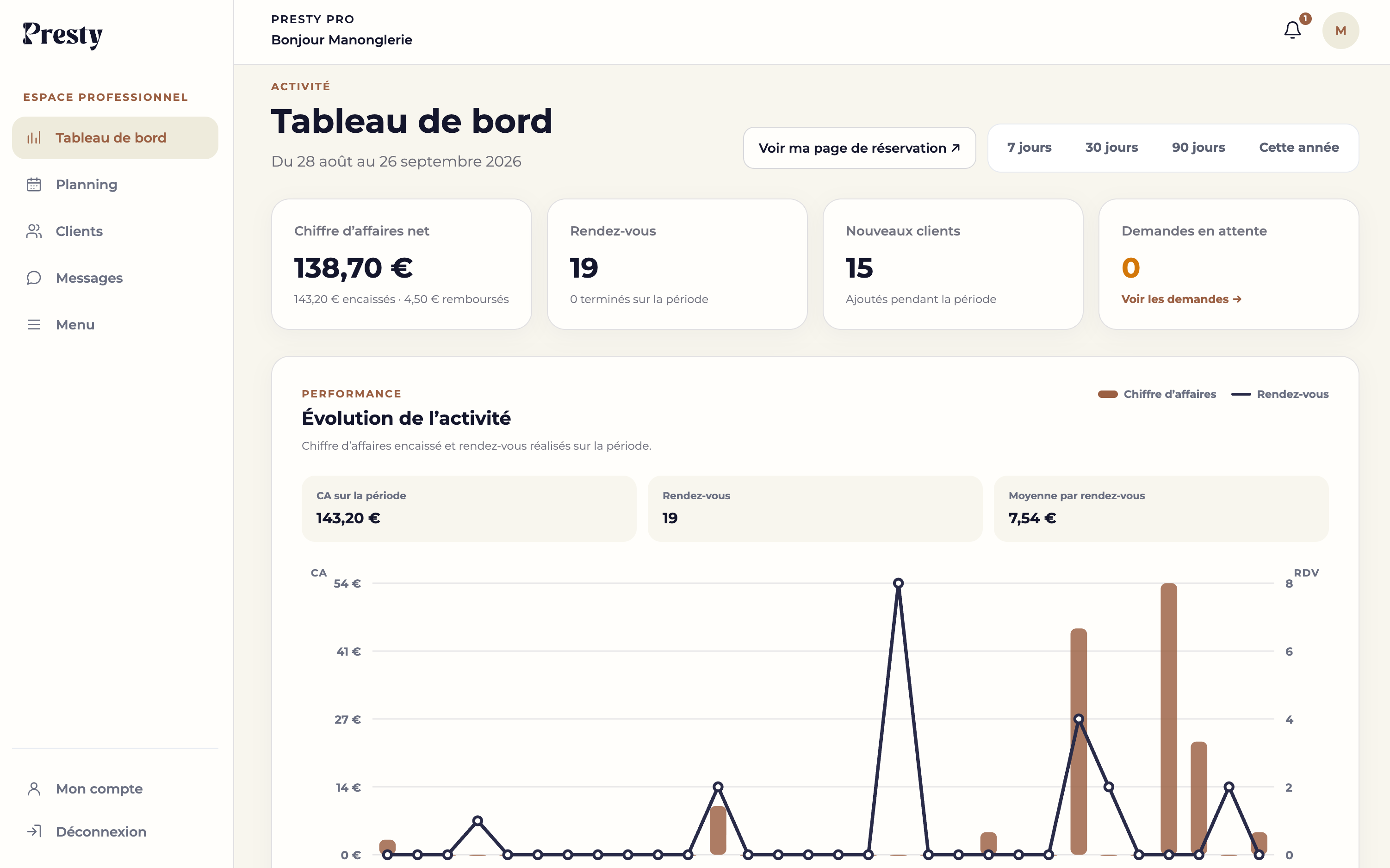 Tableau de bord de l’espace professionnel Presty sur ordinateur